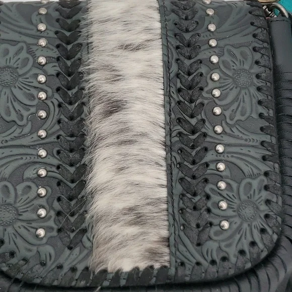 Fringe crossbody purse bag black floral western tooled imported leather fur OS - Picture 5 of 6